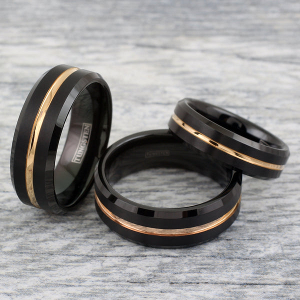 Black Tungsten Ring w/ Rose Gold Stripe & Beveled Edges. Wholesale ...