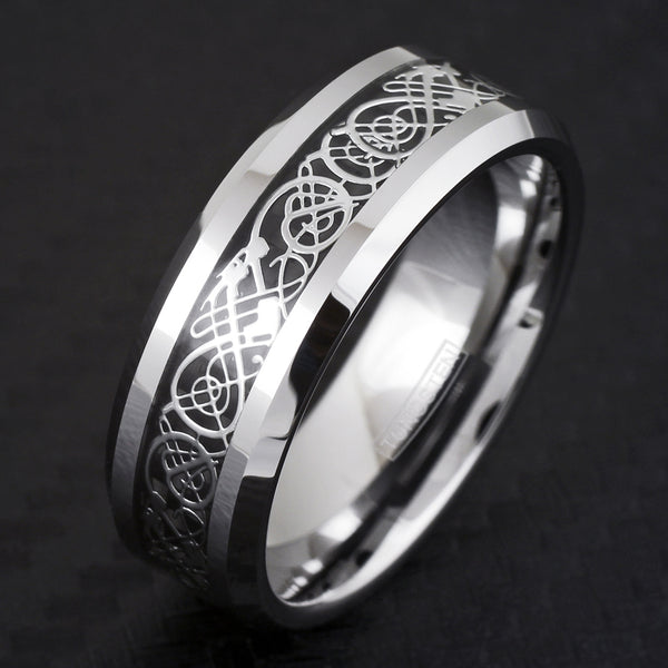 Silver Celtic Dragon Tungsten Ring on Black. Wholesale - 925Express