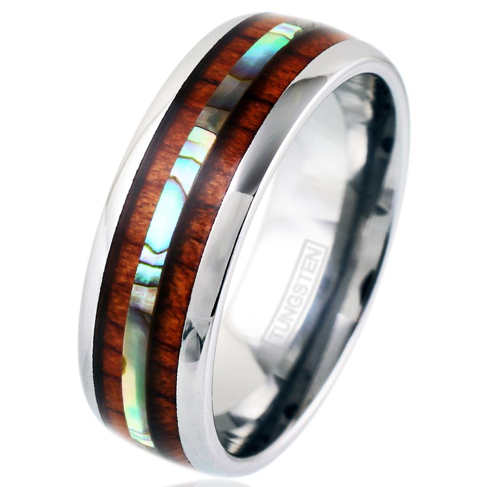 Silver Tungsten Dome Ring w/ Abalone & Koa Wood Inlay