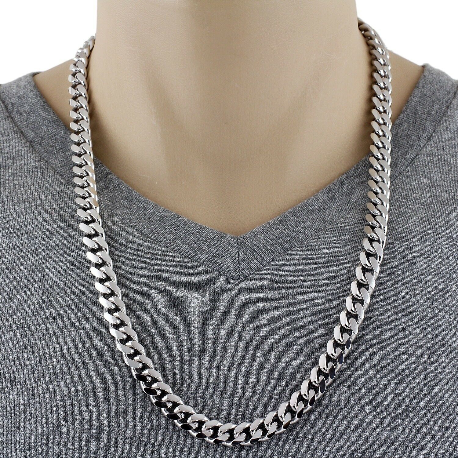 Sterling Silver Rhodium Finish Miami Cuban Chain Necklace 9mm (Gauge ...