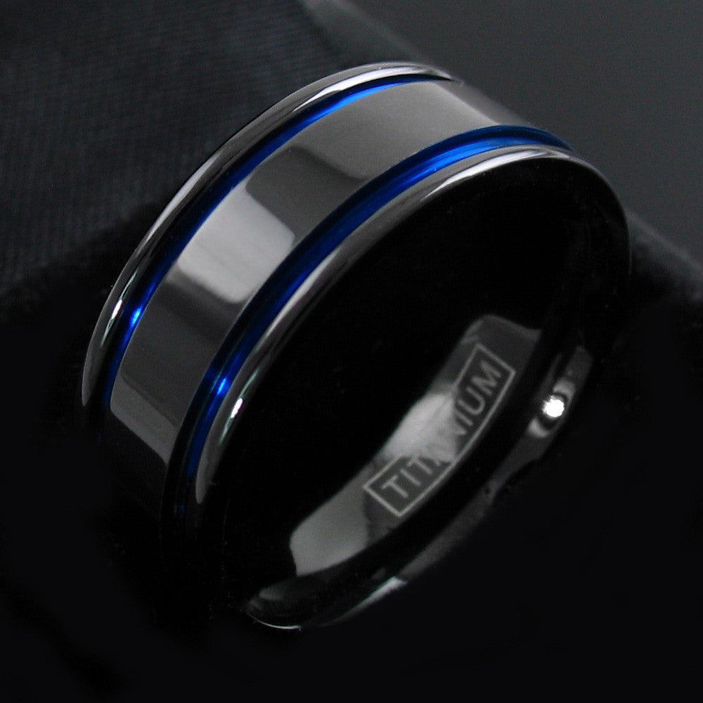 black titanium ring with two cobalt blue inlaid racing stripes wholesale titanium rings wedding bands jewelry alternate large photo