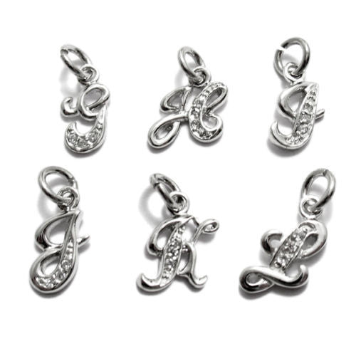 Sleek Sterling Silver Fancy Script Initial Charm with CZs. Wholesale - 925Express