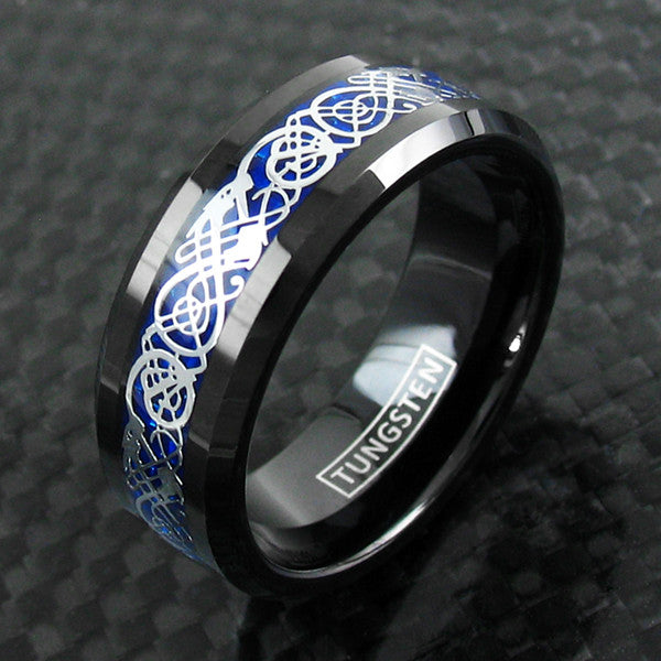 Black Tungsten Ring w/ Silver Celtic Dragon on Blue Inlay. Wholesale ...