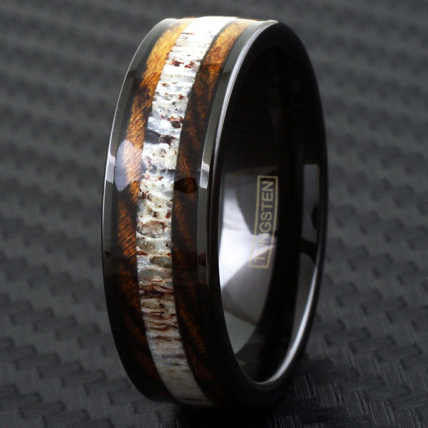 Black Flat Tungsten Band Ring w/ Tiger Stripe Bocote & Deer Antler ...