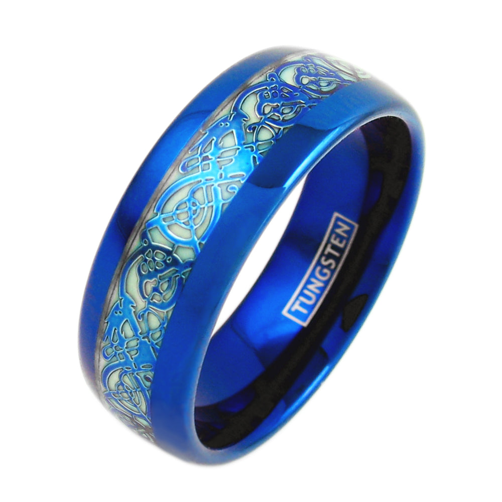 Royal Blue Tungsten Ring w. Blue Celtic Dragon Glow in the Dark Inlay ...