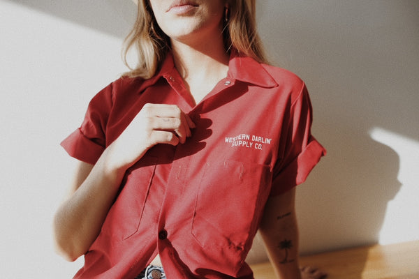 woman wearing red shirt