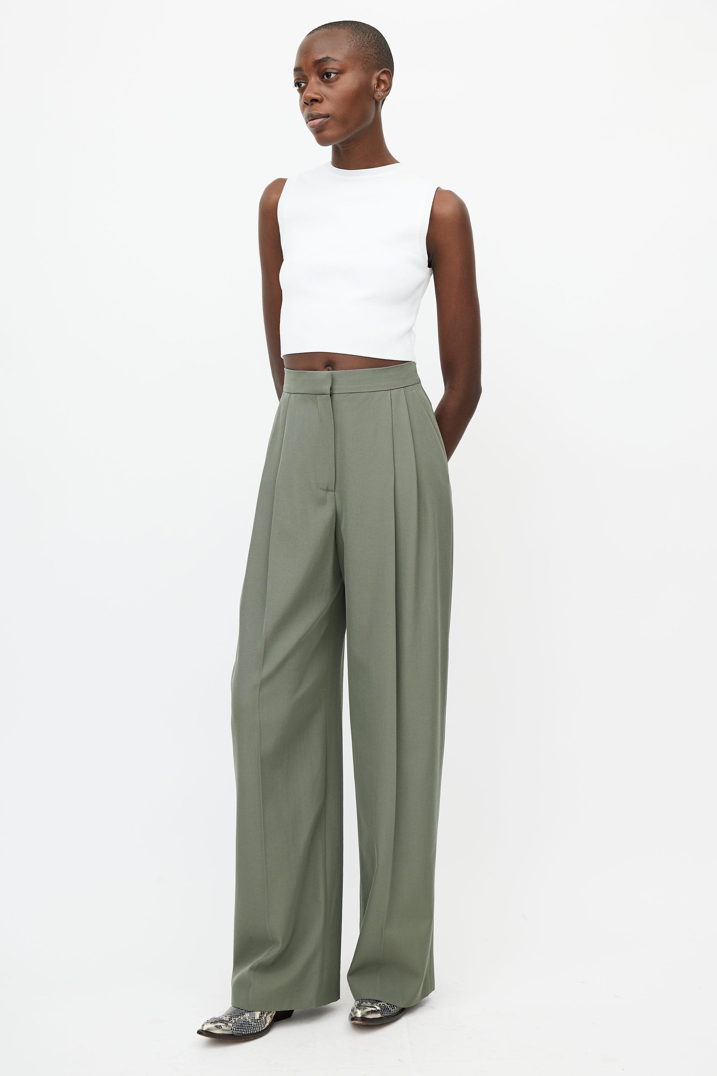 Alexander McQueen // 2022 Olive Green Wide Leg Pleated Trouser