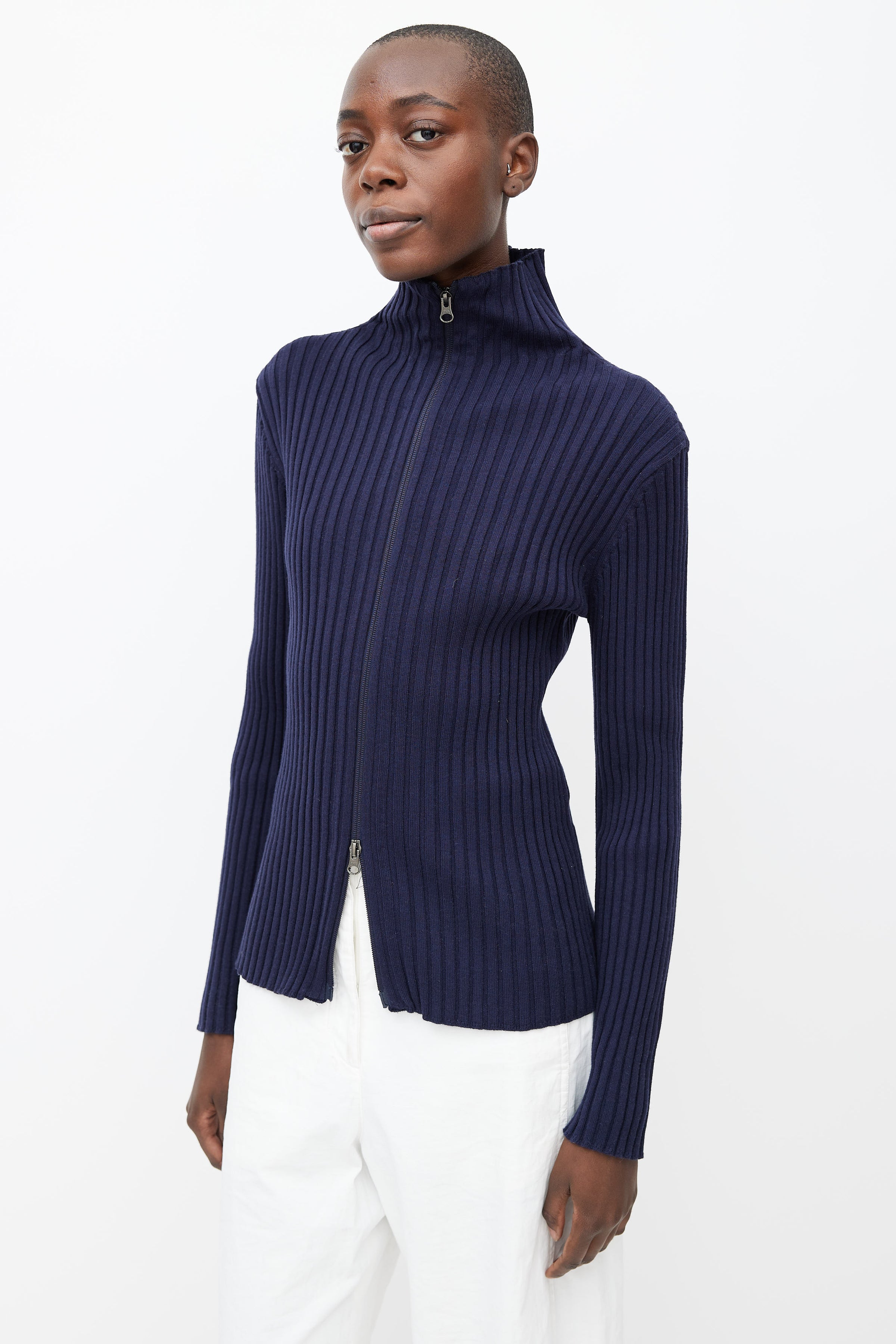 Amomento // Navy Cotton Ribbed Mockneck Zip Up Cardigan – VSP