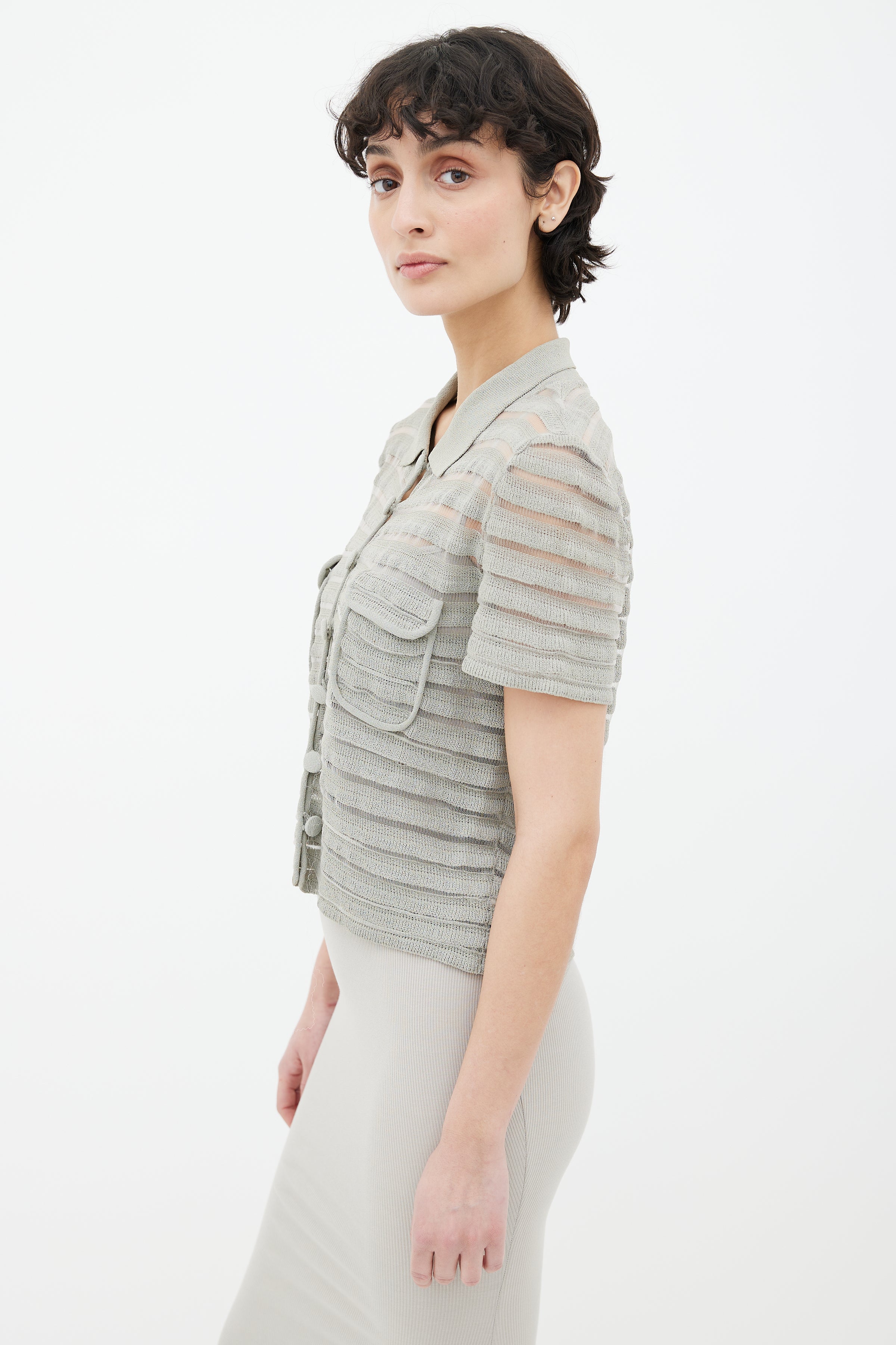 Armani // Greige Semi Sheer Striped Knit Shirt – VSP Consignment