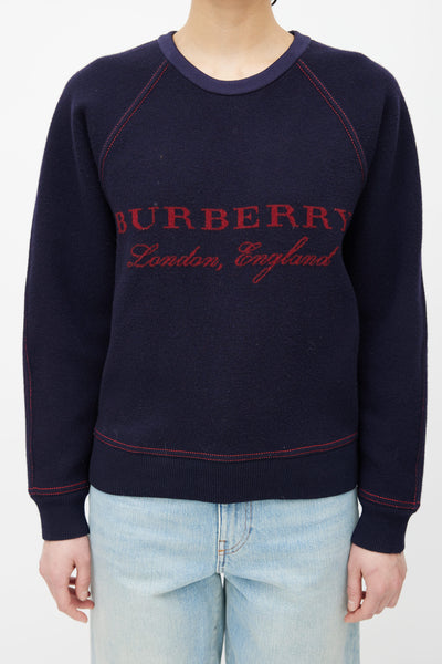 Burberry // Navy Wool & Cashmere Red Logo Knit Sweater – VSP Consignment