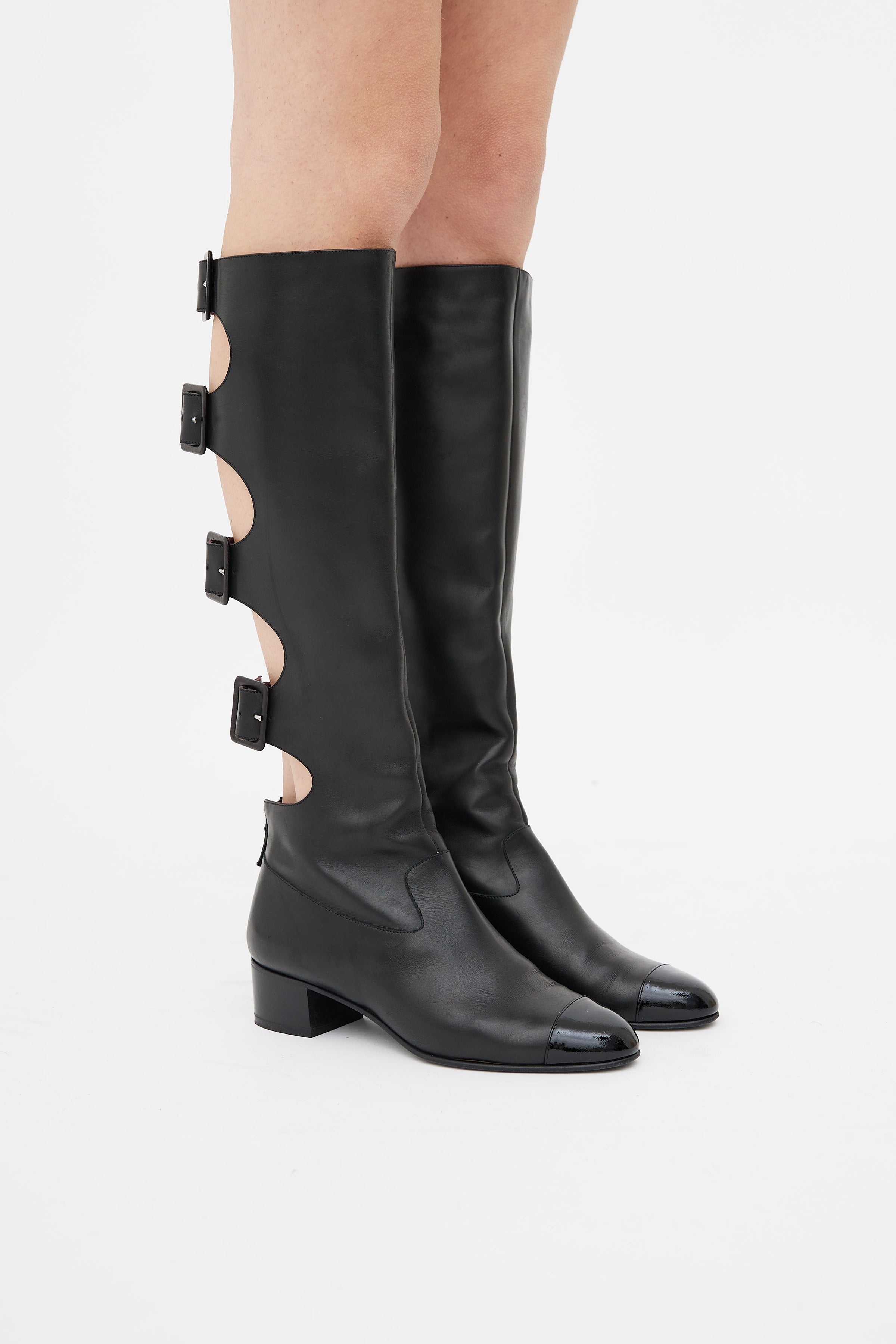 Chanel // Black Leather Gladiator Buckle Knee High Boot – VSP Consignment