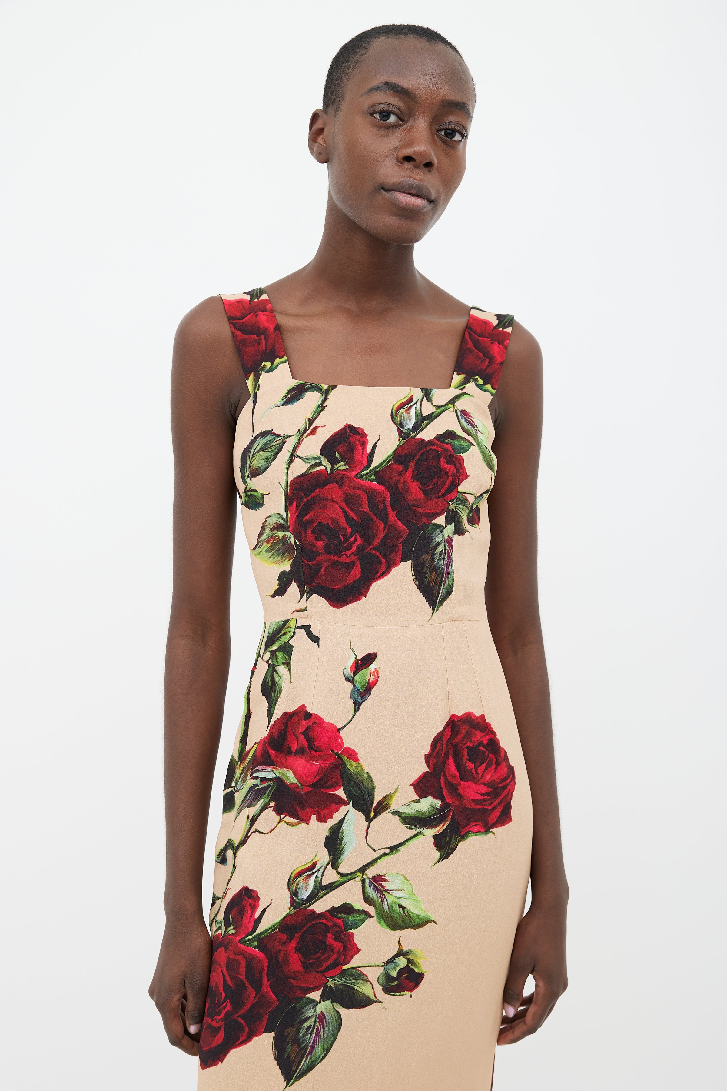 Dolce & Gabbana // Beige & Red Rose Print Strap Dress – VSP Consignment