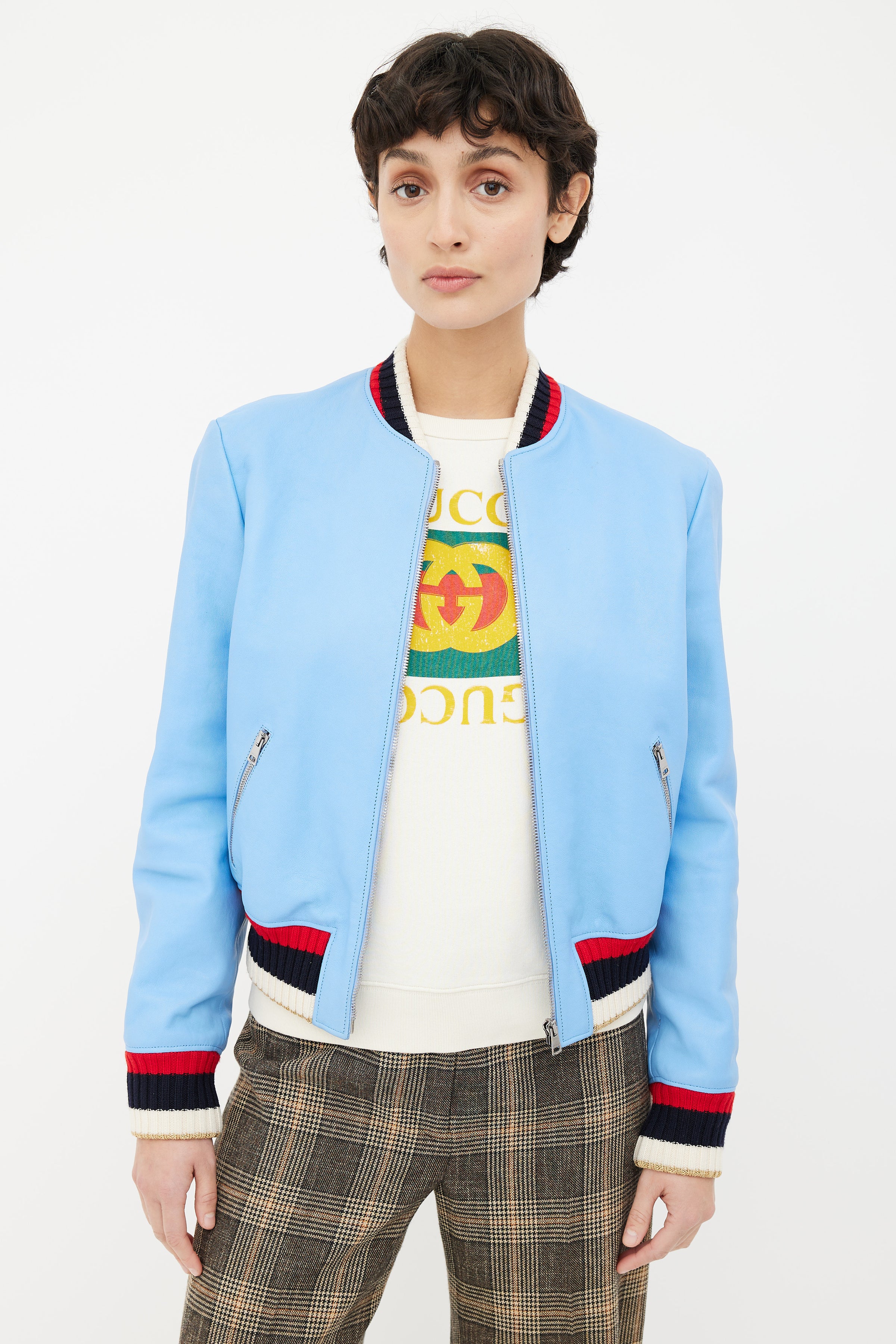 Gucci // Light Blue Leather Blind For Love Varsity Jacket – VSP Consignment