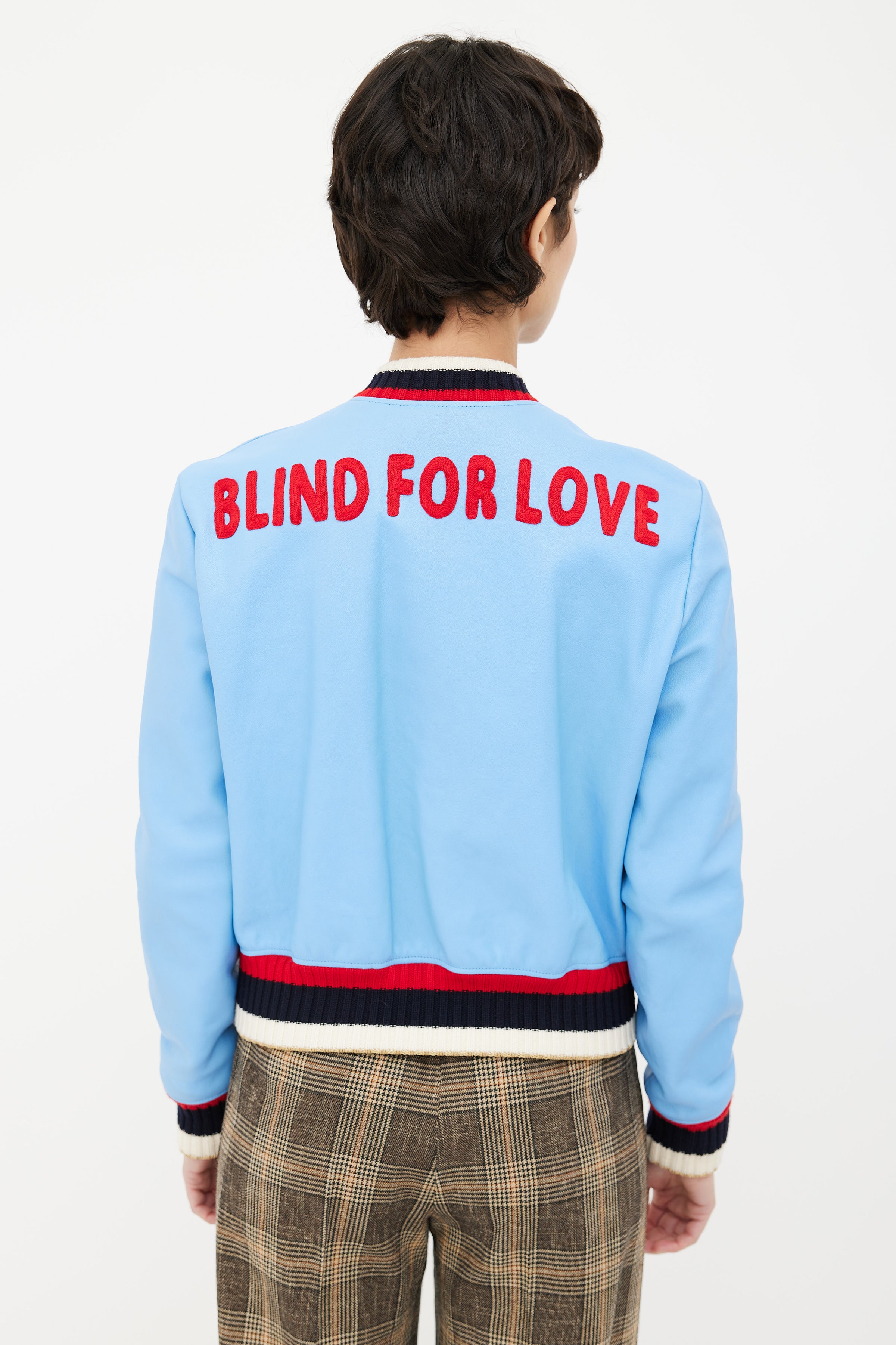 Gucci // Light Blue Leather Blind For Love Varsity Jacket – VSP Consignment