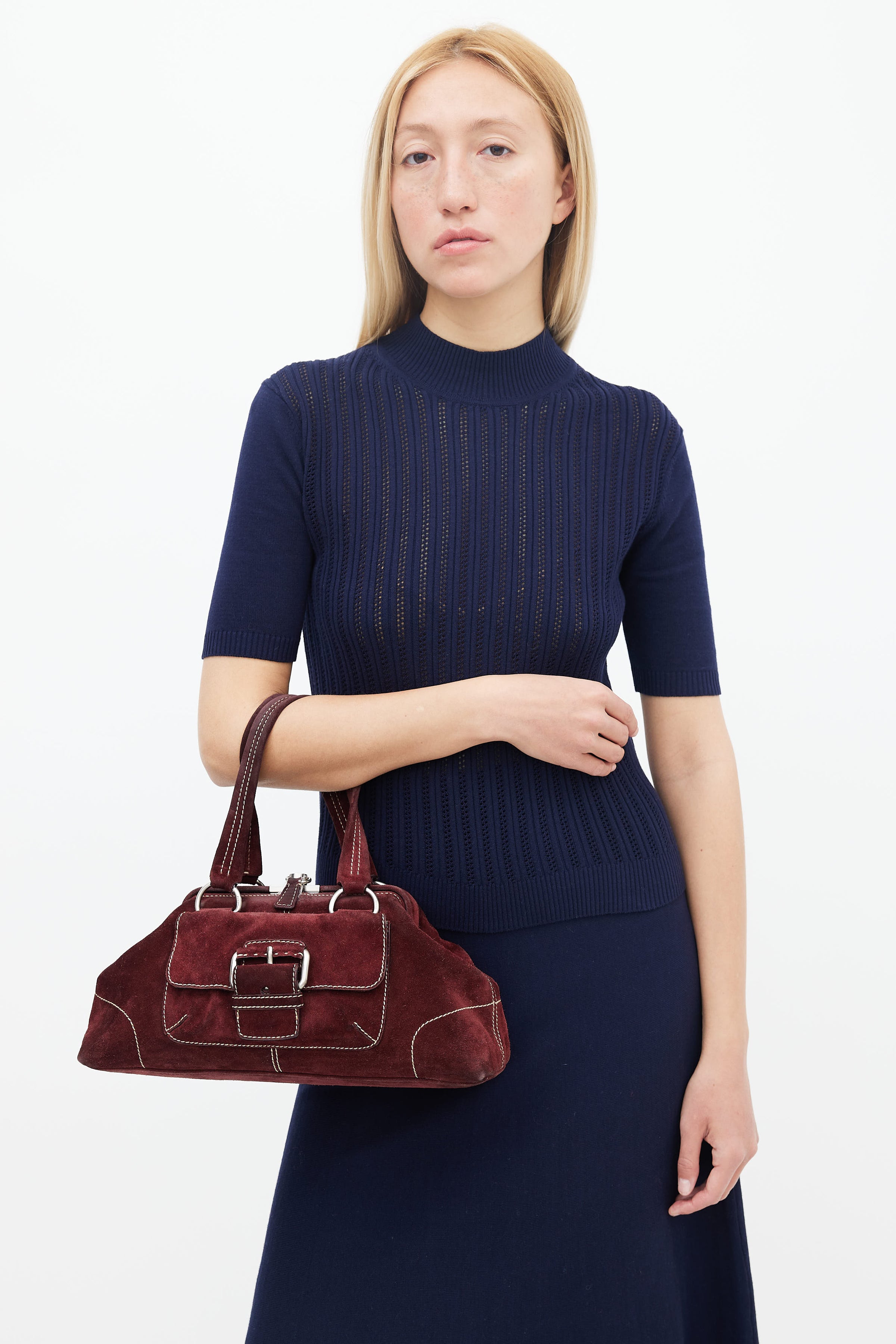 Prada // Burgundy Suede Contrast Stitch Shoulder Bag – VSP Consignment