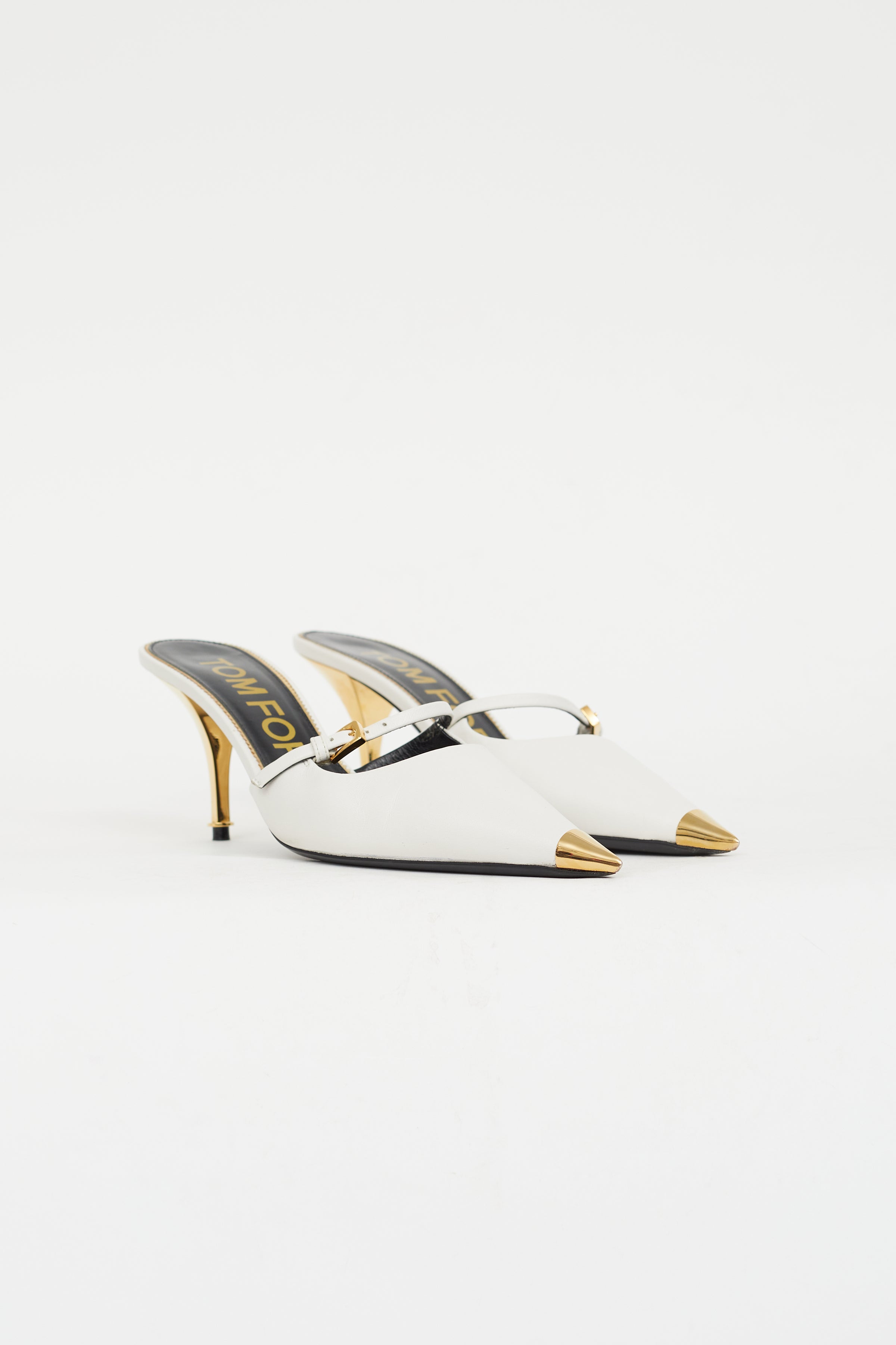 Tom Ford // White Leather & Gold Mary Jane Mule – VSP Consignment