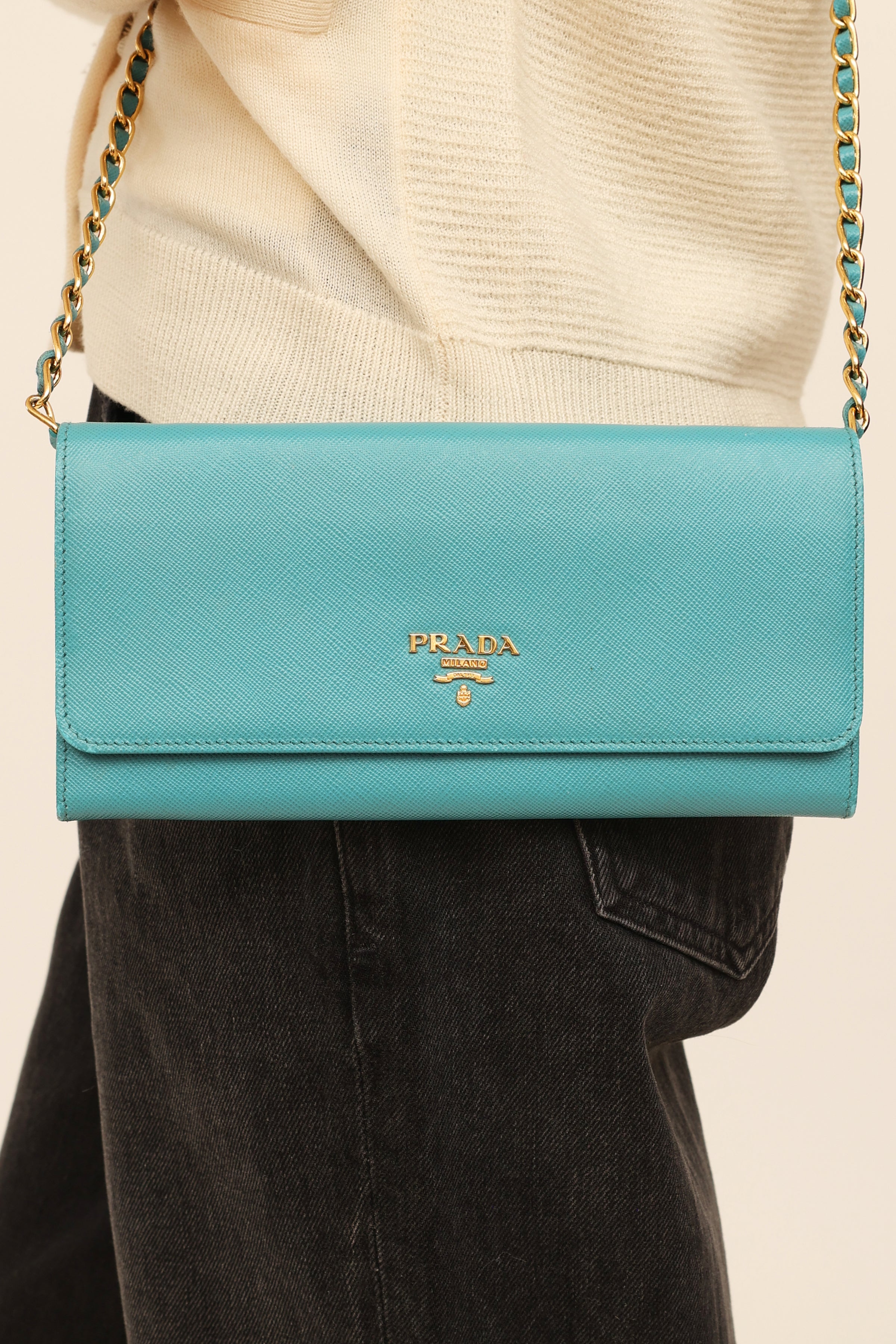 Prada // Teal Saffiano Flap Wallet On Chain – VSP Consignment