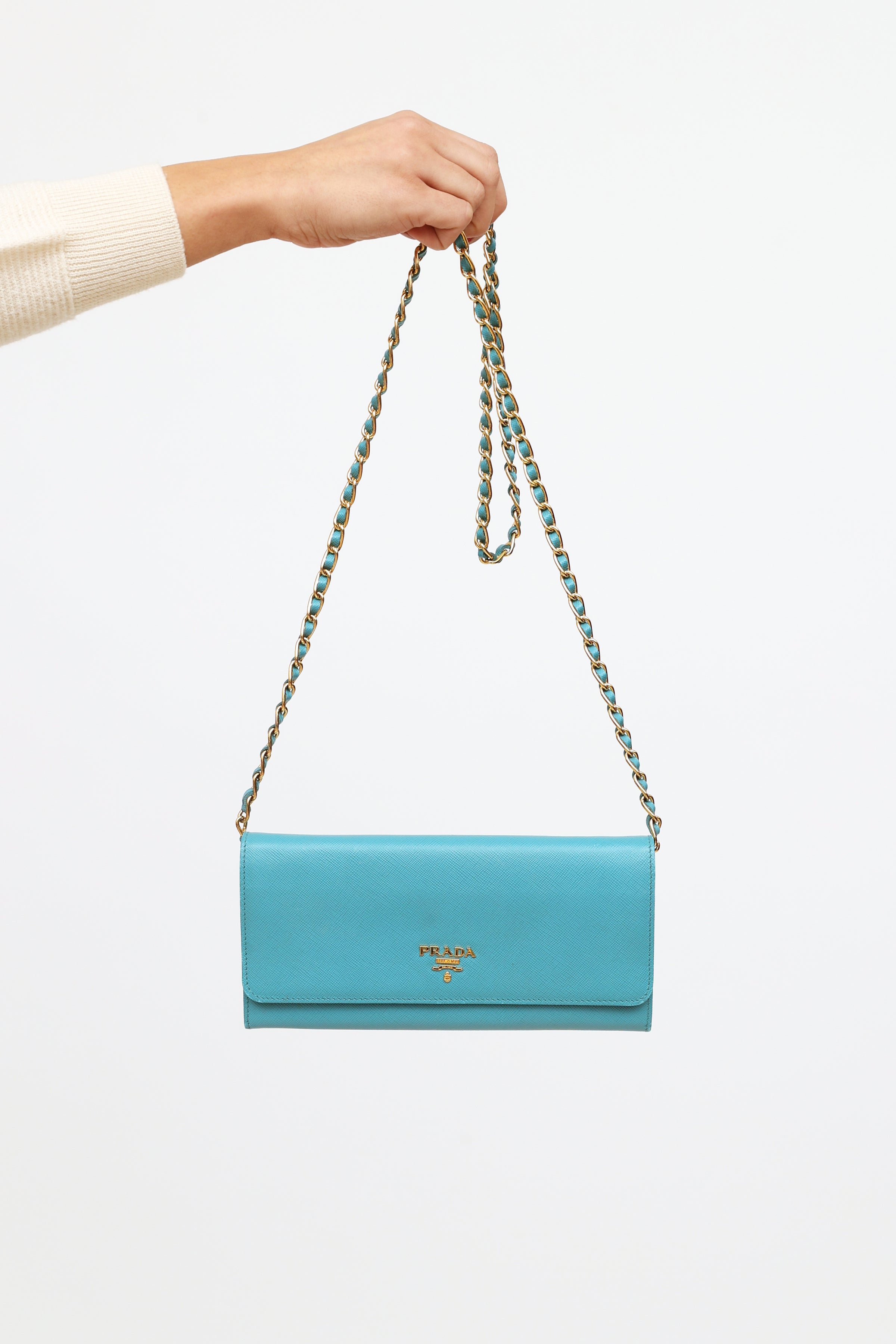 Prada // Teal Saffiano Flap Wallet On Chain – VSP Consignment