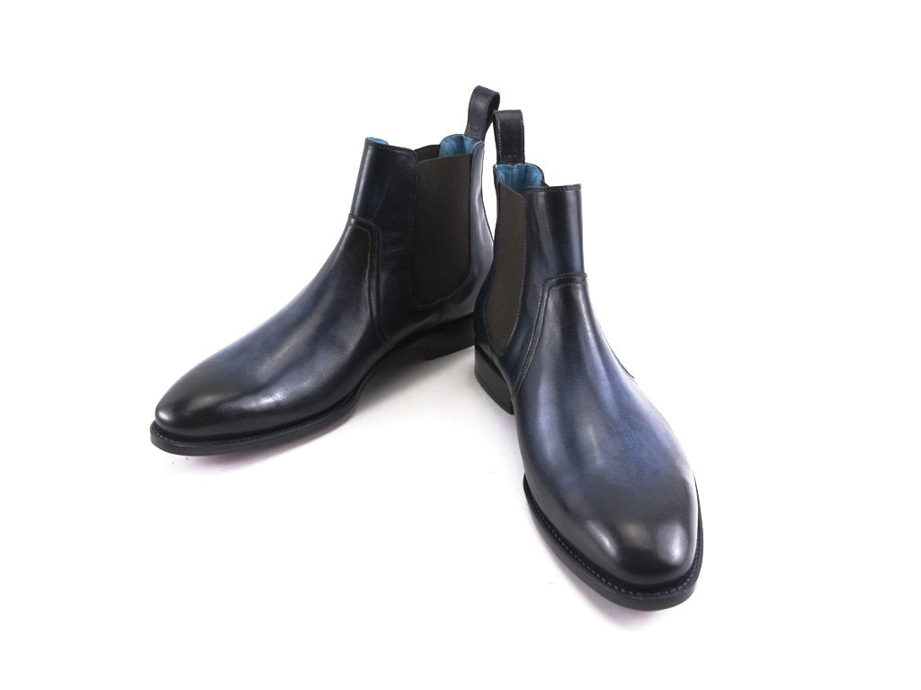 navy blue leather chelsea boots