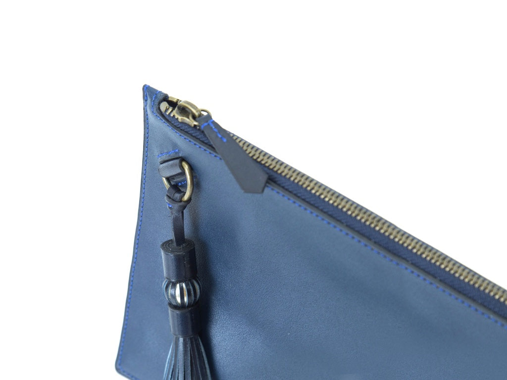 navy blue leather clutch bag