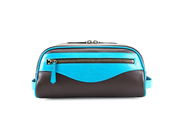 Montagnard leather day bag in dark brown and turquoise
