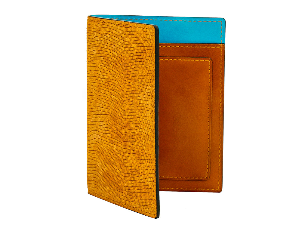 Passport holder travel wallet in tan printed exotic suede leather