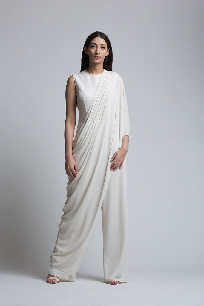 Ivory Draped Jumpsuit Sari – B H A A V Y A
