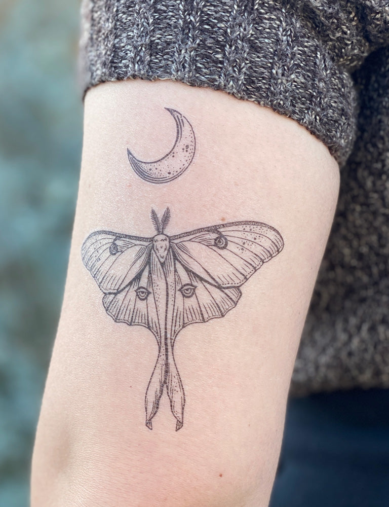 Tattoo uploaded by just Vince  Lunar moth with some moon geometry moth  forearmtattoo blackandgreytattoo geometrictattoo  Tattoodo