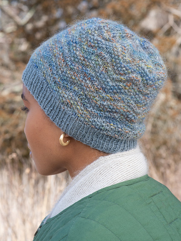 Jovita Hat made with Aerial Color and Ultra Wool DK held together.