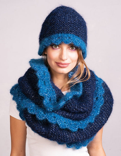The Enva Hat and Cowl set knit out of Jody Long's Glam Haze