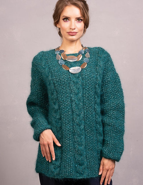 The Truly cabled pullover sweater knit out of Jody Long's Glam Haze Peacock 005