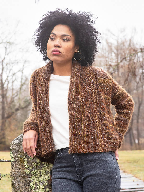 The Spencer cardigan knit with Berroco Sesame Chestnut 7457 and Berroco Aerial Copper 3433