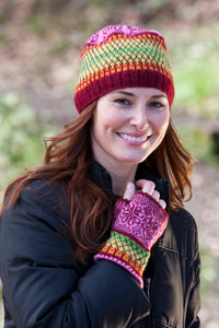 the Wheels of Hearts Beanie and Gauntlets knit from Cascade 220 fingering