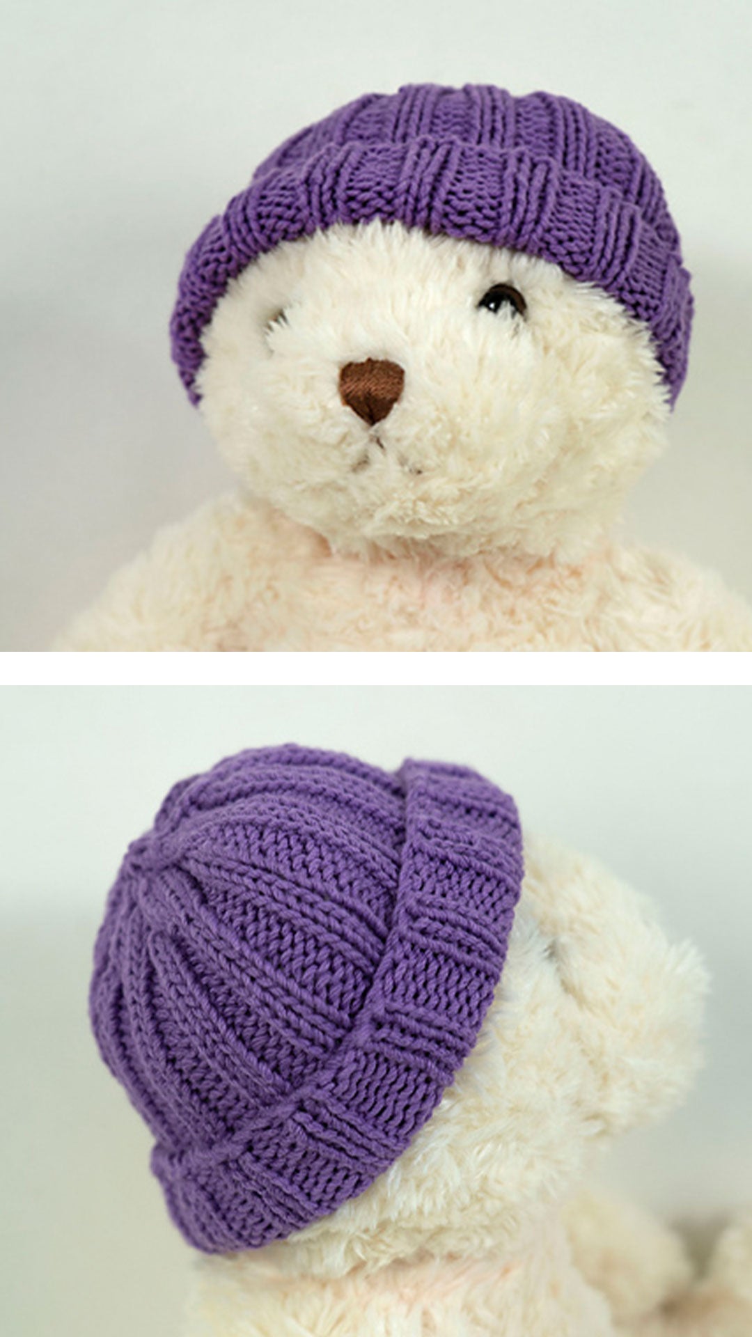 The Nifty Ribbed Hat by Shannon Dunbabin knit out of Cascade's Nifty Cotton yarn. Modeled on a teddy bear.