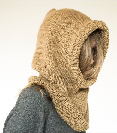 A warm, cozy, wool Hooded Cowl by Urth Yarns knit out of Harvest Worsted.