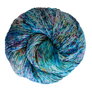 Malabrigo Sock Yarn in Parade - a speckled colorway in shades of blue with purple and yellow
