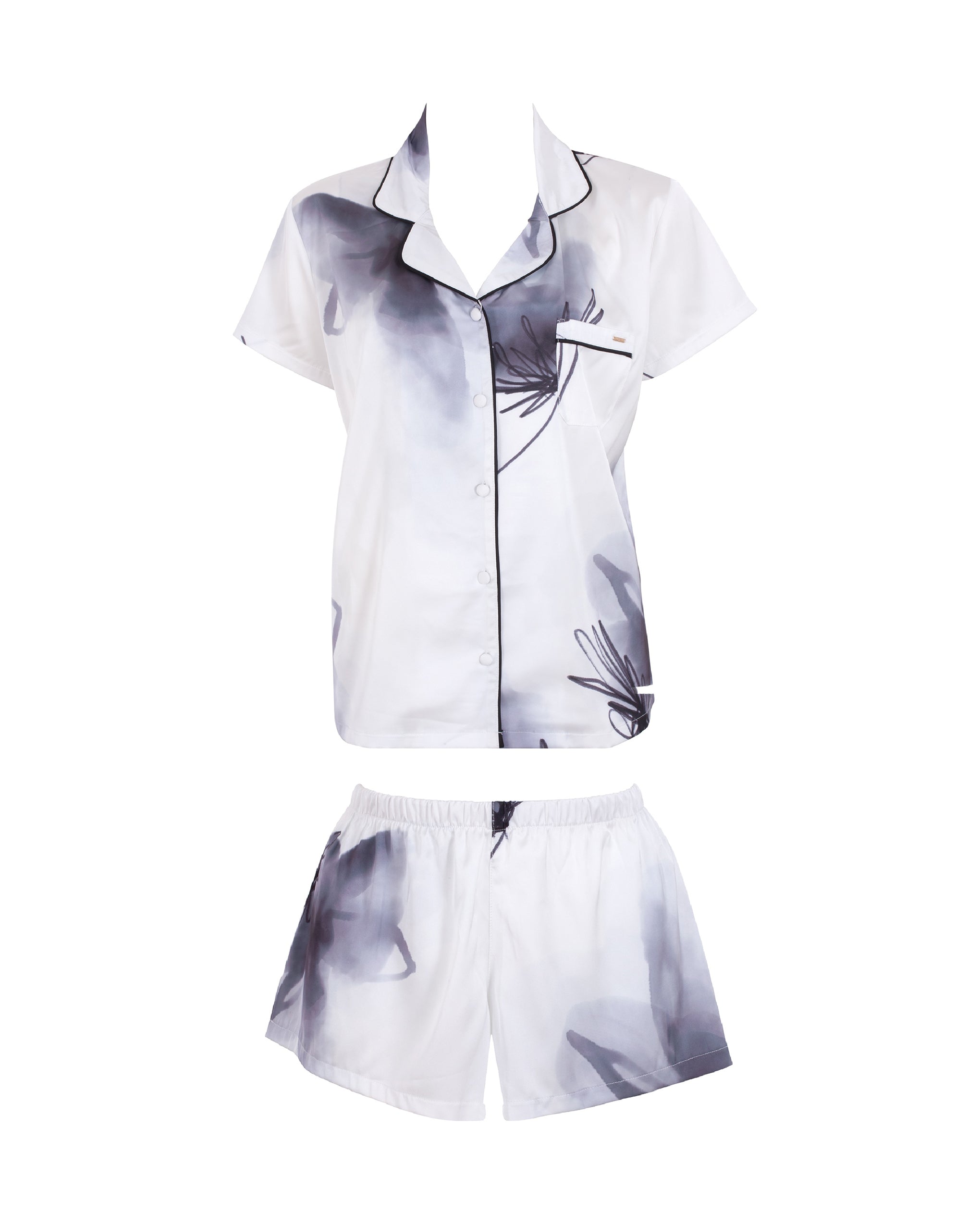 Camille Luxury Satin Short Pyjama Set White/Black