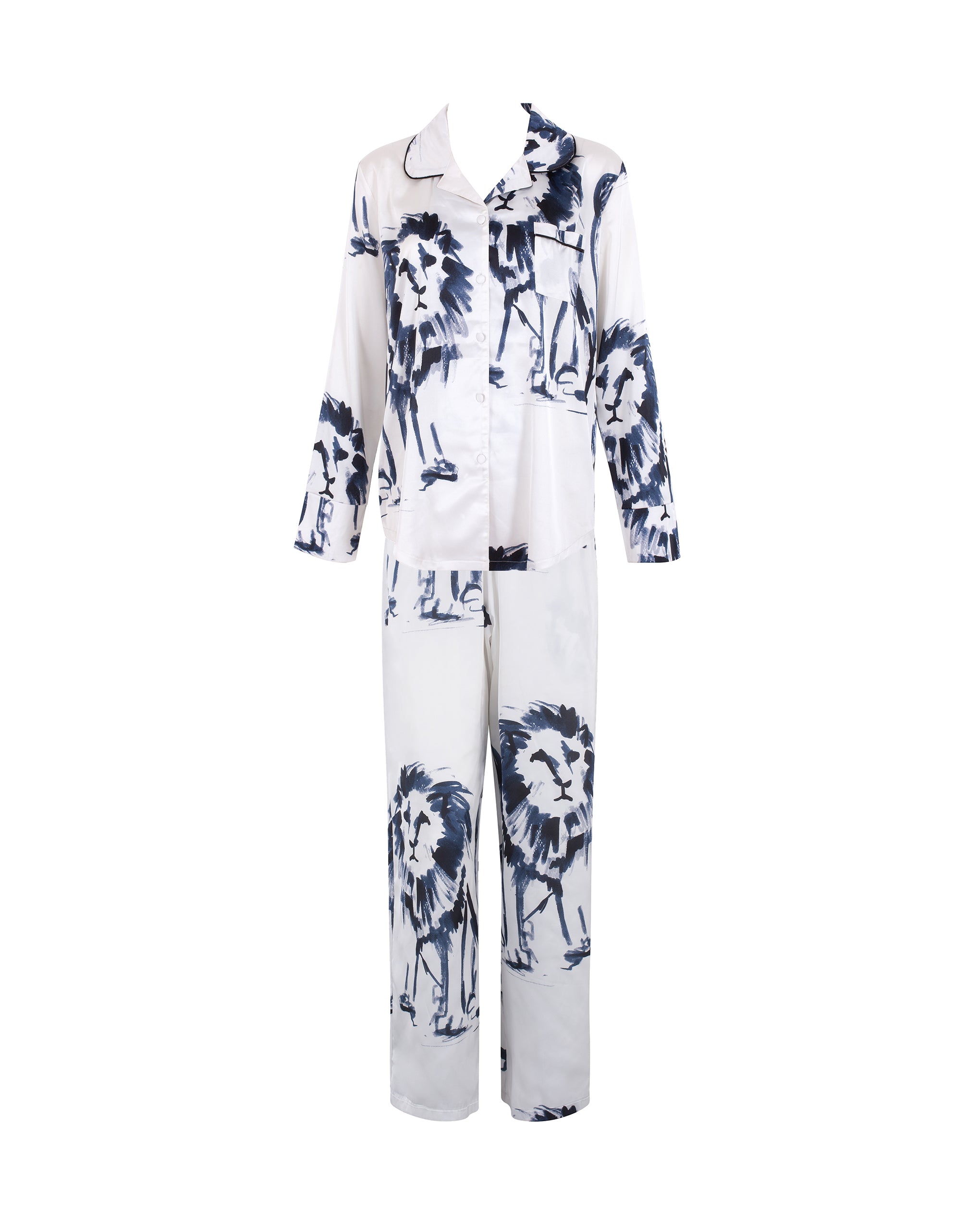 Bluebella Olin Luxury Satin Long Pyjama Set White/Black