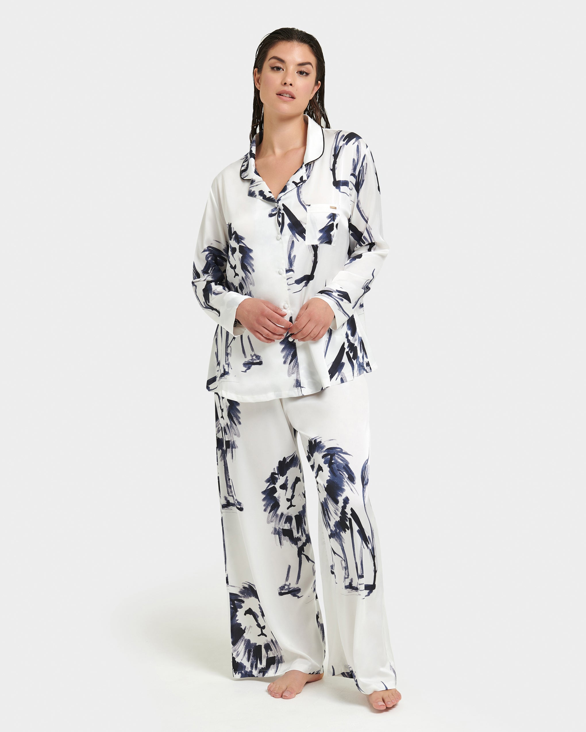 Olin Luxury Satin Long Pyjama Set White/Black