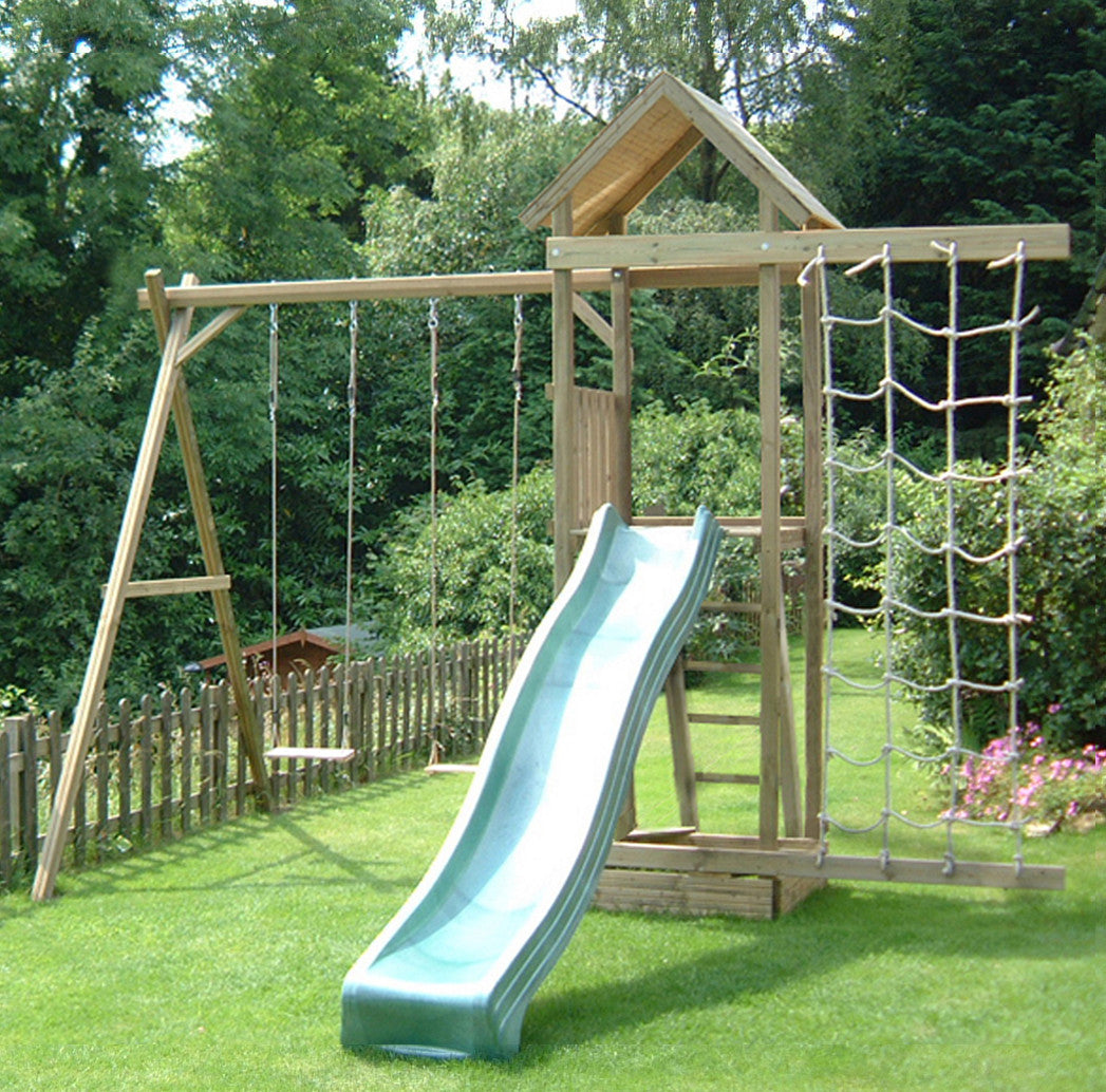 wooden climbing frame with swing and slide