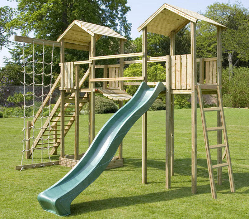 wooden climbing frame and swing