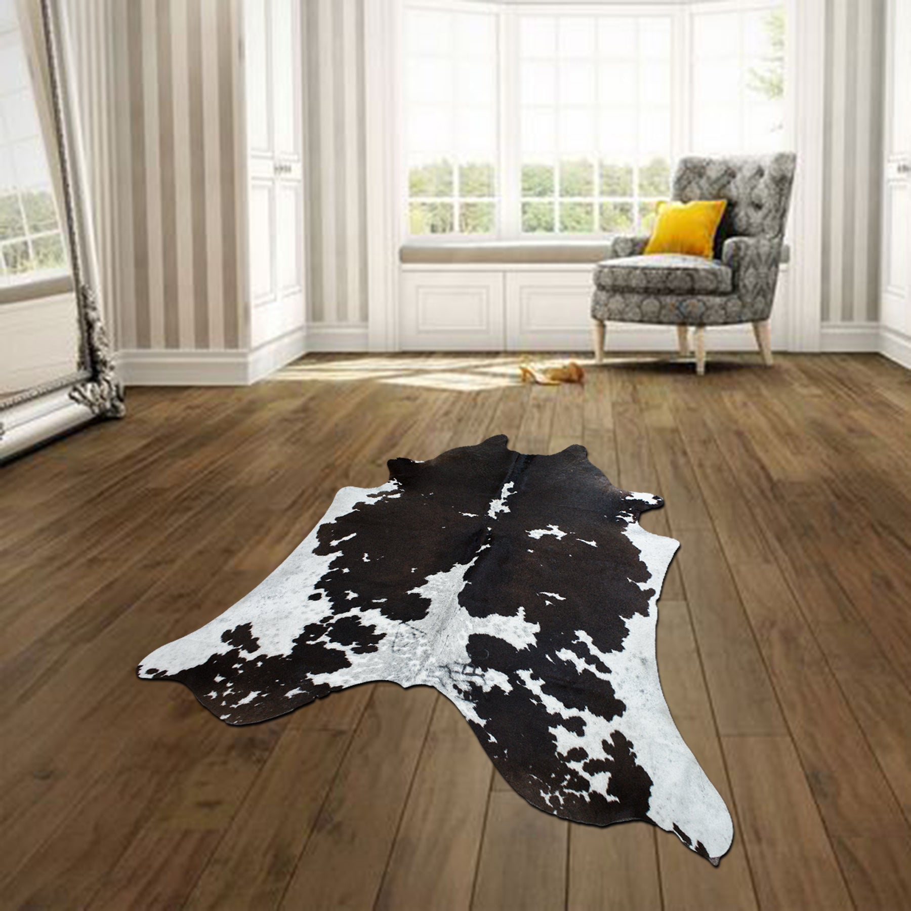 Extra Large RODEO black with white belly cowhide rug 5.11 x 7.6 ft-- -