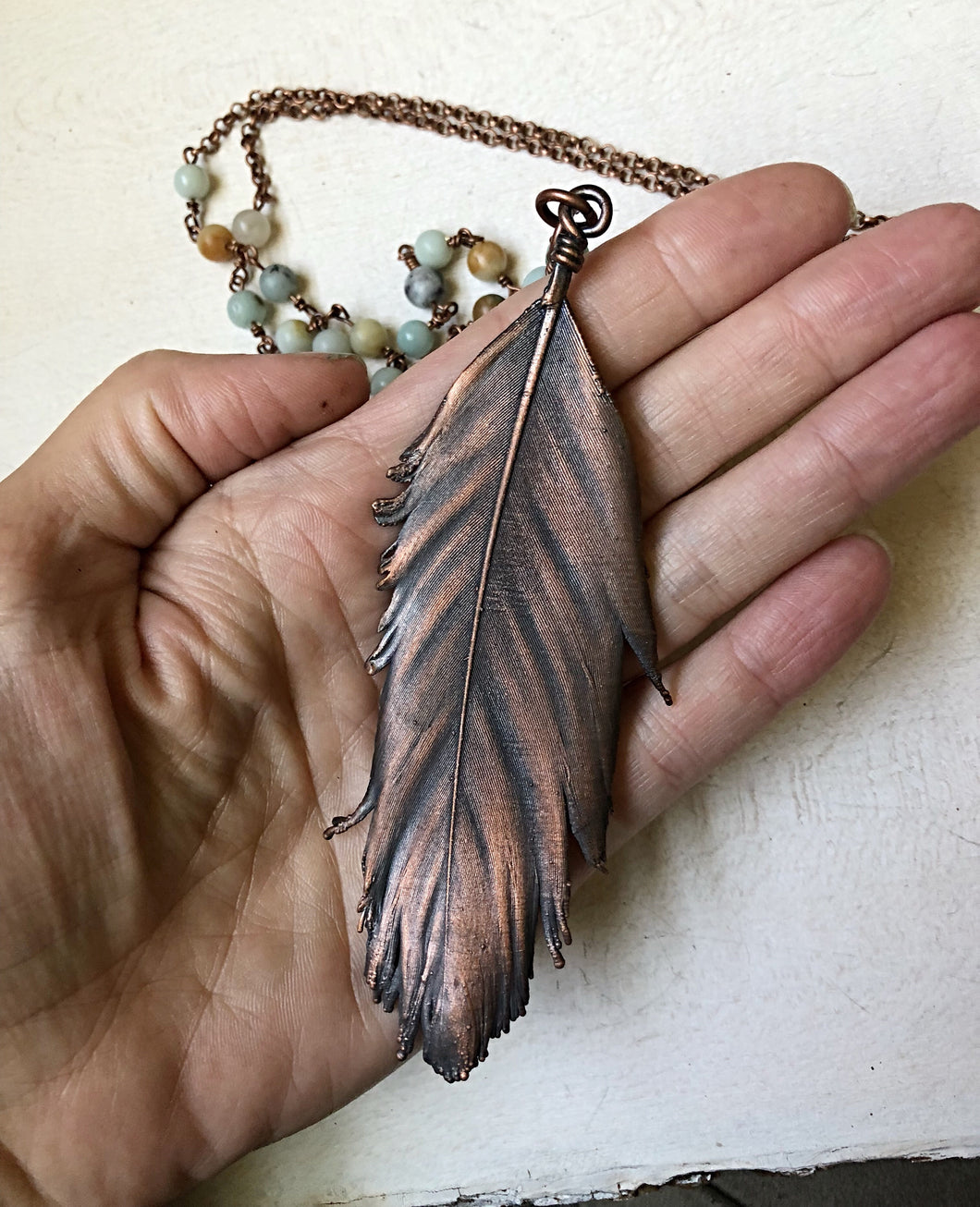 Large Electroformed Feather & Amazonite Necklace  - Ready to Ship