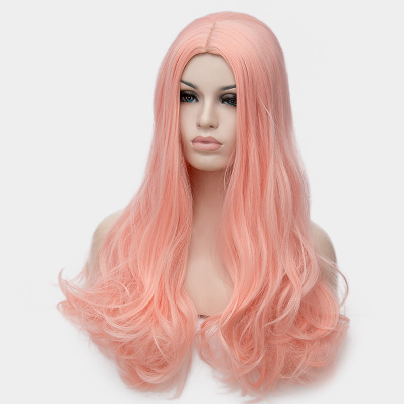 Natural light pink colour long curly wig without fringe