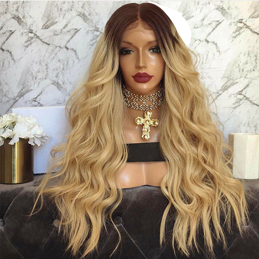 2019 Honey Blonde With Dark Root Body Wavy Lace Front Wig