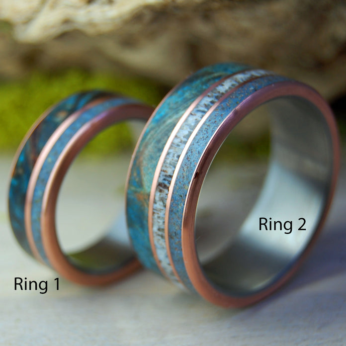 GOD LOVES THE CARIBOU OF LAKE SUPERIOR | Caribou Antler, Lake Superior  Beach Sand, Copper, Blue Maple Wood - Titanium Wedding Ring Set