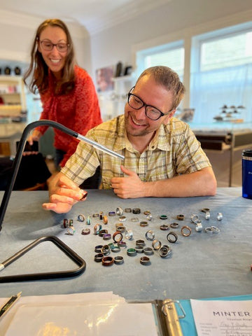 couple designing their ring in person at Minter and Richter Designs