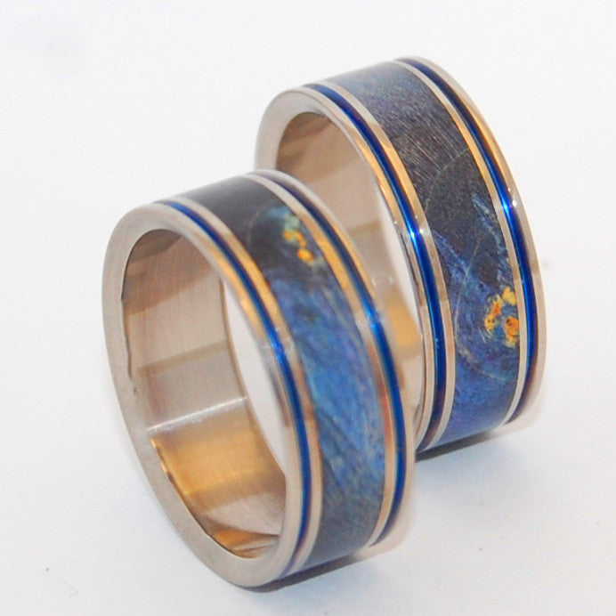 LAUGH | Blue Box Elder Wood & Hand Anodized Titanium Wedding Rings ...