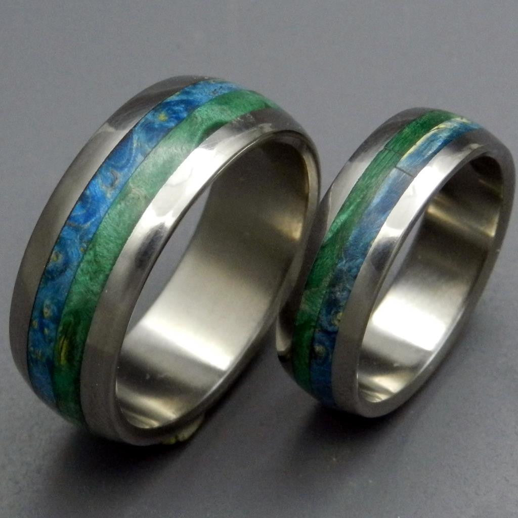 BLISS Blue Box Elder Wood & Titanium Wedding Ring Sets