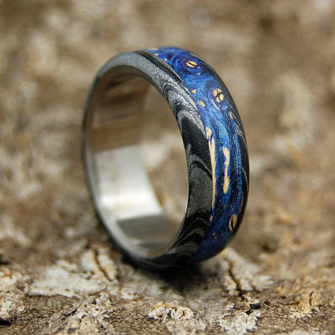 DARK GREEK GOD | Blue Wood & Black Silver M3 Mokume Gane Titanium Men's  Wedding Rings